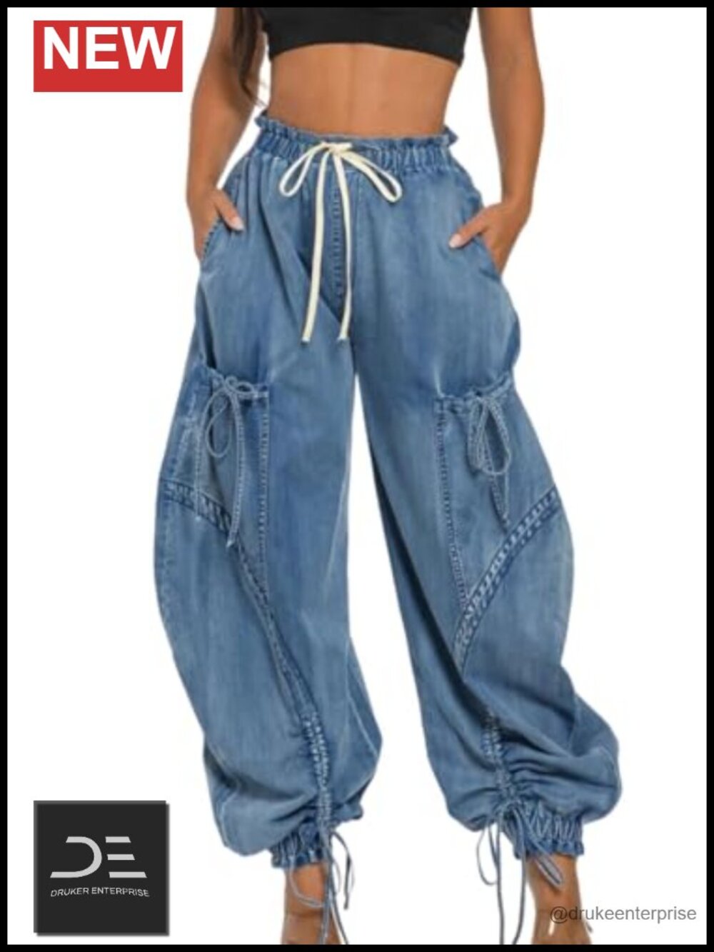 Baggy Cargo Jogger Jeans Hi-Rise Wide Leg Drawstring Utility Pockets Loose